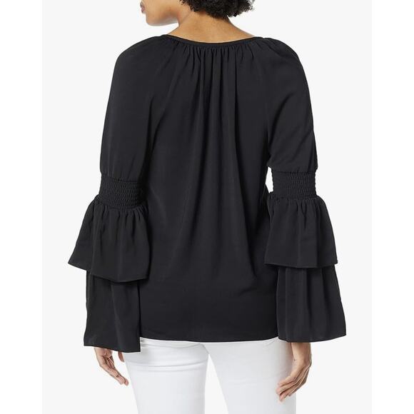 Ramy Brook Blouse Womens Med Lali Black Dramatic Bell Sleeve V-Neck Whimsigoth - Picture 2 of 12